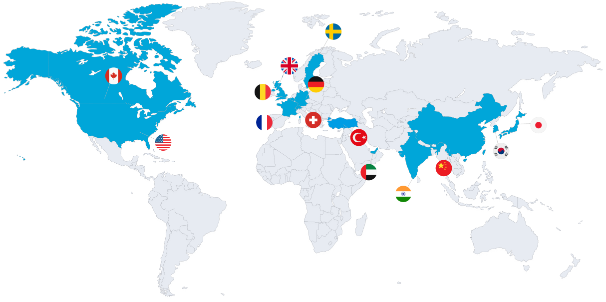 World map highlighting Amedeo export destinations